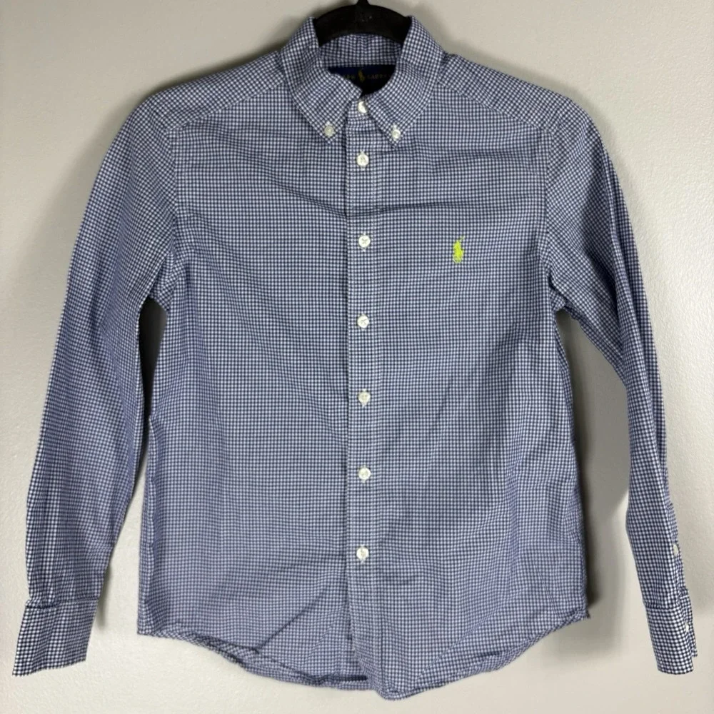 Ralph Lauren Boys 10/12 Blue Gingham Check Button Down‎ Long Sleeve Shirt